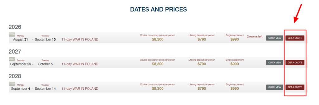 A dates and prices section on the Beaches of Normandy Tours tour to World War II Germany and Poland page.
