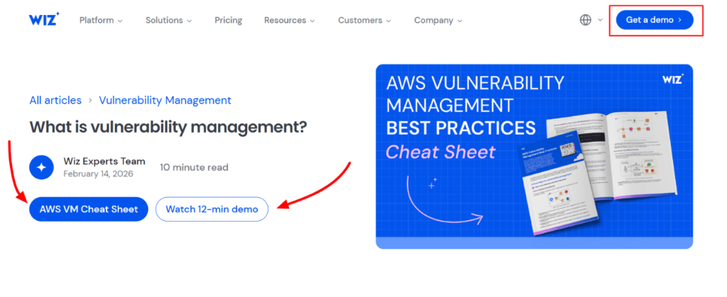 Screenshot of an ultra in-depth guide on vulnerability management with arrows pointing to CTA buttons.

