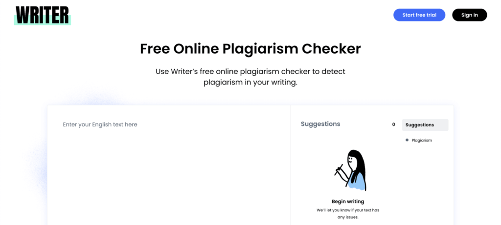 Writer tool screenshot shows the plagiarism checker.