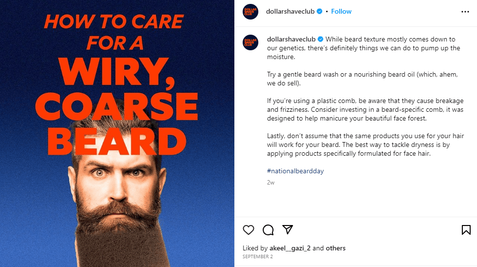 Instagram post from Dollar Shave Club on how to care for a coarse beard - edutainment