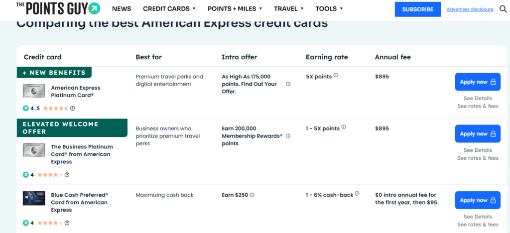 The Points Guy's American Express credit cards comparison. 