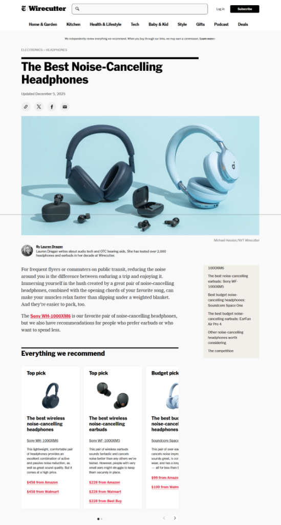 Screenshot shows a best of noise cancelling headphones list.