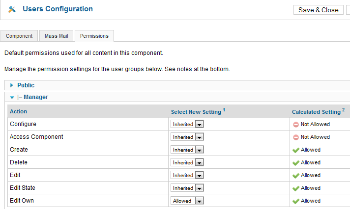 users configuration screen in Joomla