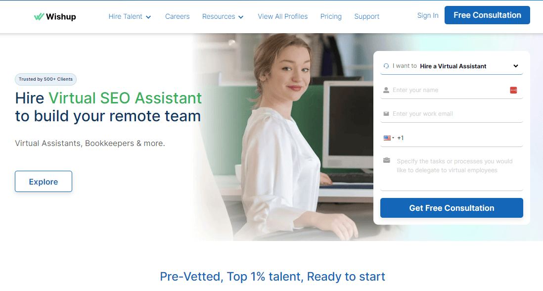 screenshot of Wishup VA page