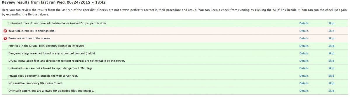 Sample Drupal security run results