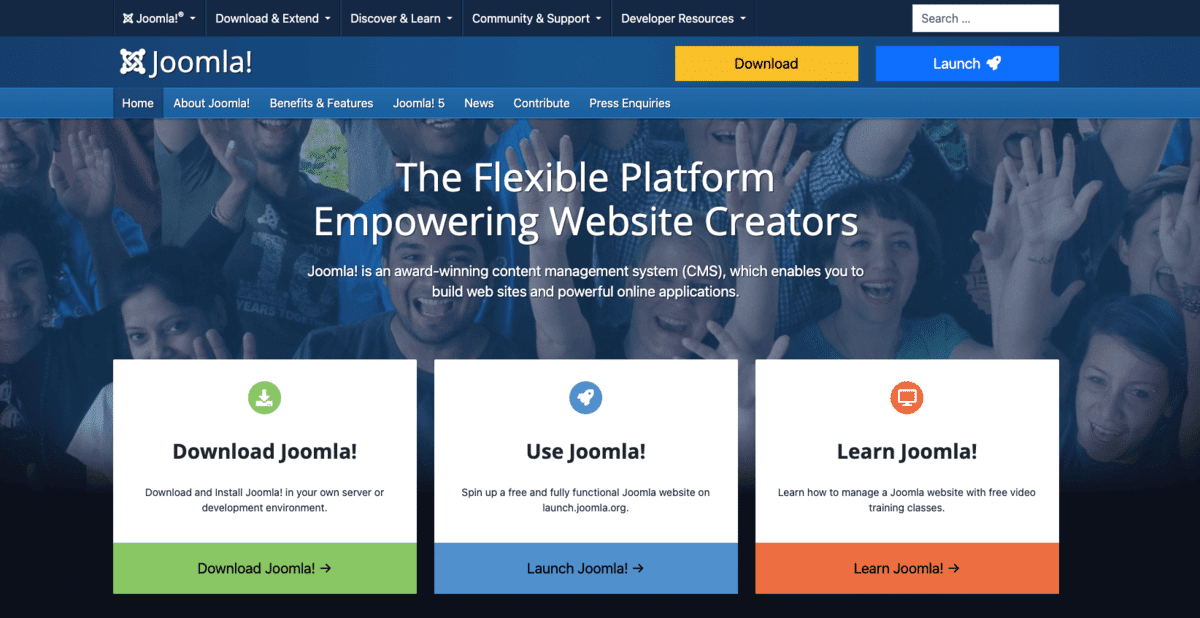 Screenshot of the Joomla CMS website homepage