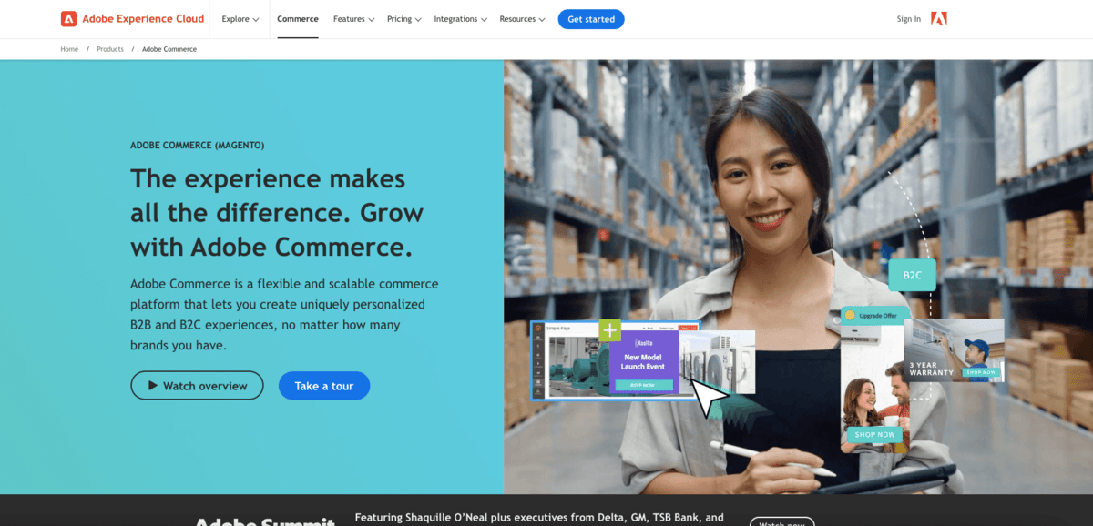 Screenshot of the Adobe Commerce CMS website homepage