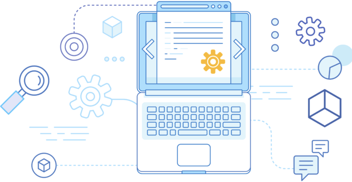 An illustration of a laptop with a settings icon on the screen, surrounded by various technology and data symbols, highlighting key factors to consider when choosing a CMS