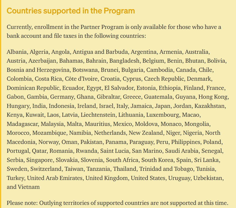 Screenshot of country eligbility criteria for Medium's partner program.