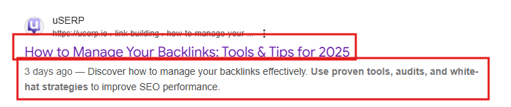 Blog post in search with SEO title and meta description