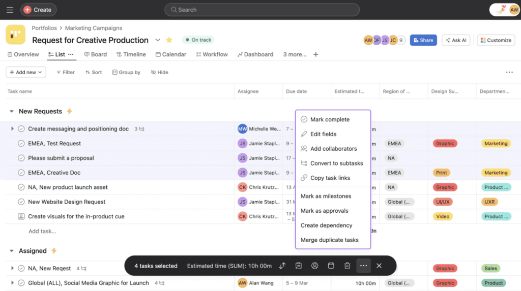 Managing tasks in Asana