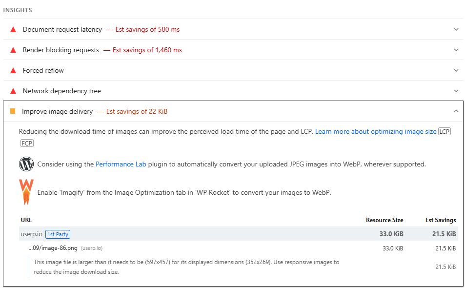 Screenshot of website performance issues in PageSpeed Insights.