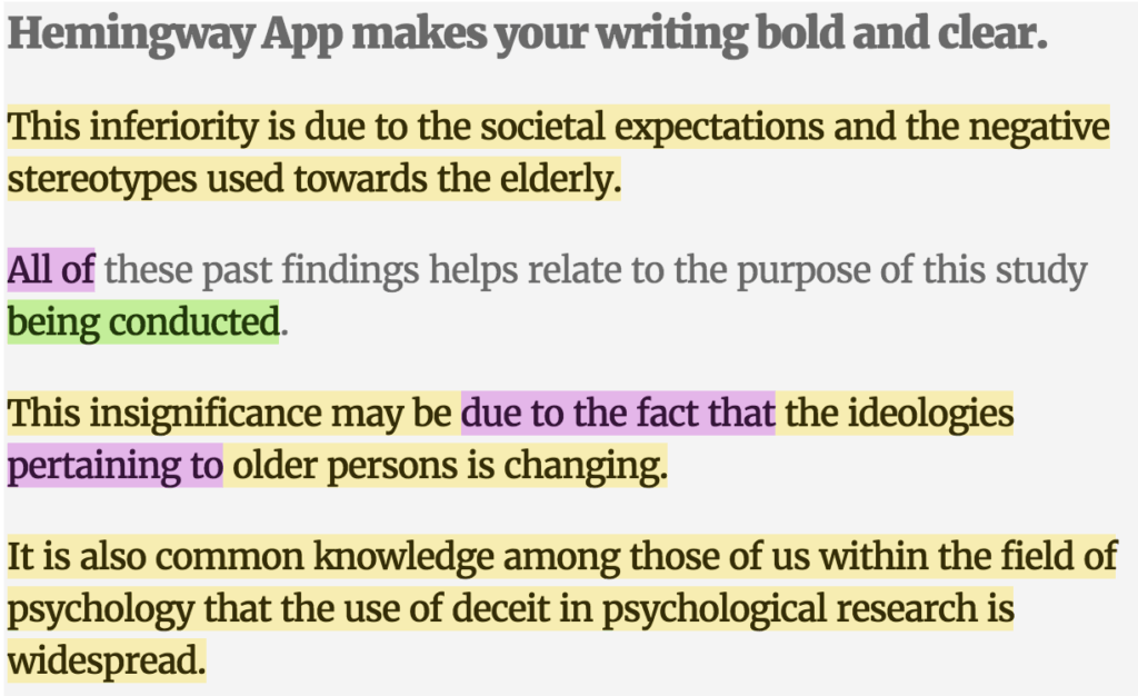 Screenshot of readability issues as highlighted by Hemingway app.