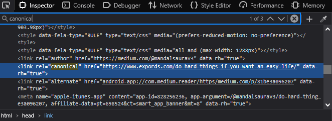 Checking canonical URLs in Web Developer Tools