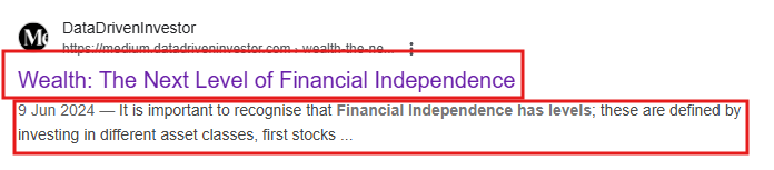 Screenshot of a meta title and meta description for a Medium SEO story.