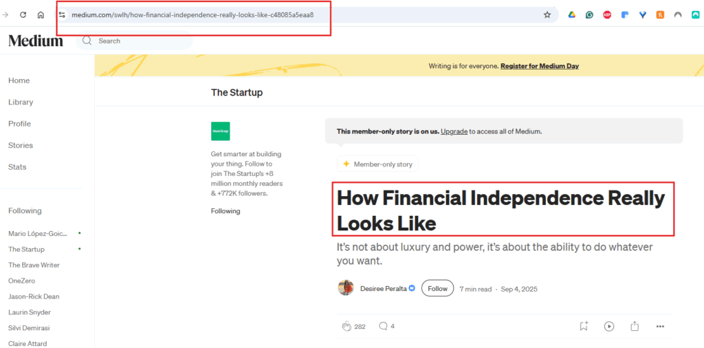 Screenshot that shows URL and H1 targeting main keyword for a Medium SEO story.