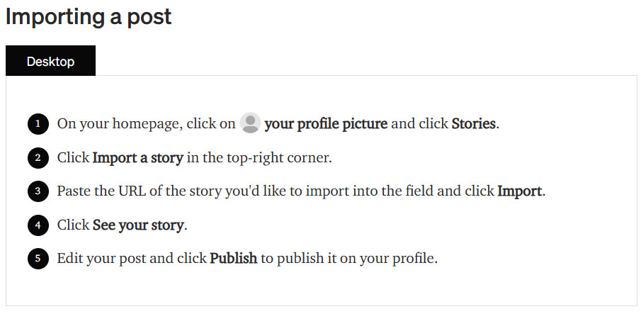 Screenshot of instructions explaining how to import a post in Medium.