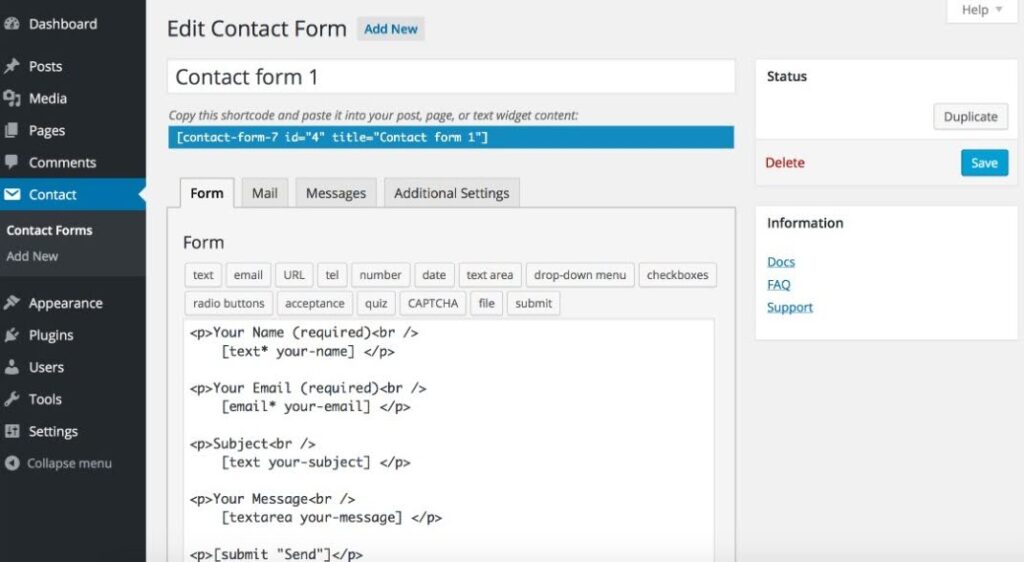A screenshot of WordPress Contact form editor (dashboard).