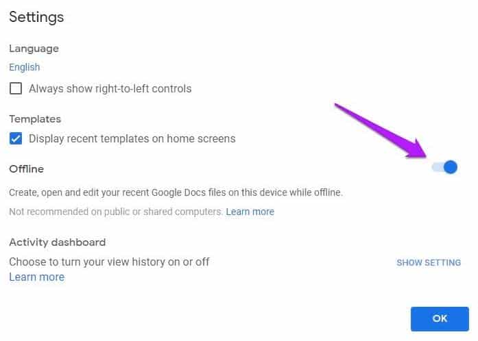 Screenshot depicting how to enable Google Docs offline