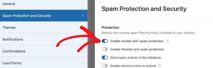 Screenshot showing Spam and Protection menu of a WordPress Form
