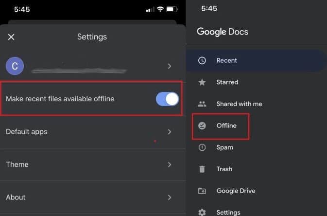 Screenshot showing how to enable Google Docs offline on mobile devices