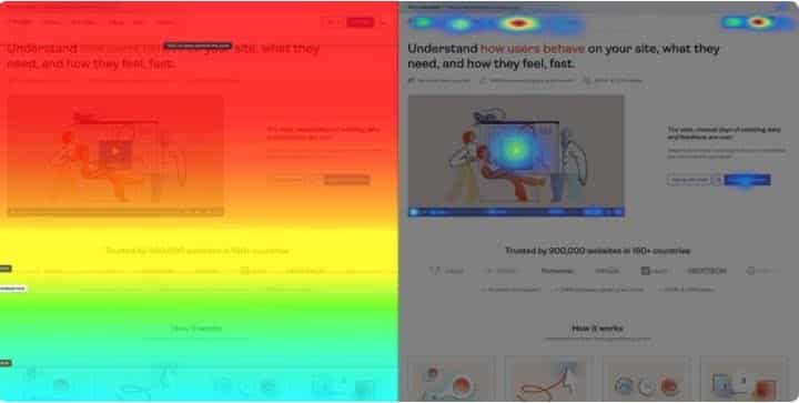 Screenshot showing the difference between a scroll map (left) and a heatmap (right)