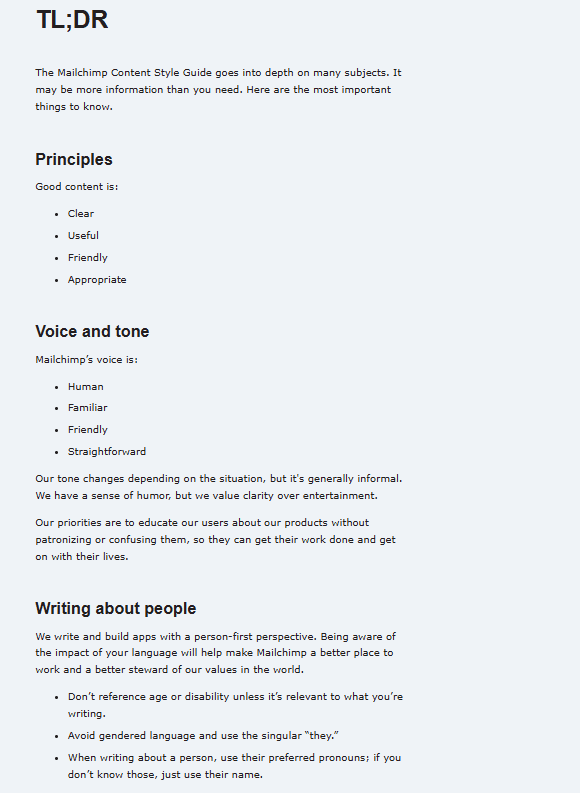 Mailchimp’s content style guide outlining tone, principles, and voice for brand consistency.