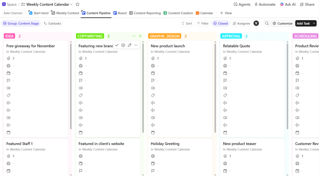 ClickUp dashboard showing a weekly content calendar organized by stage