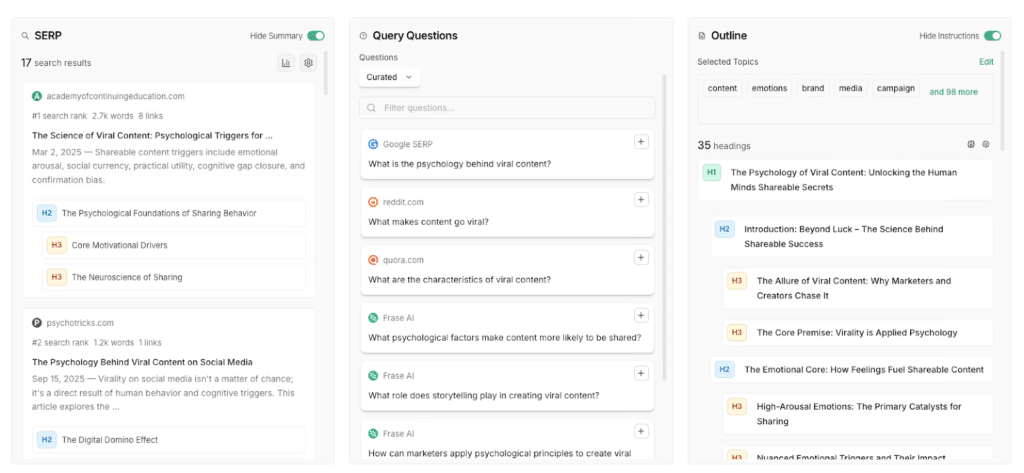 Frase’s content research dashboard showing SERP analysis, query questions, and topic outlines
