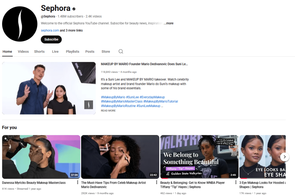 Sephora’s official YouTube channel showing beauty tutorials, masterclasses, and product guides