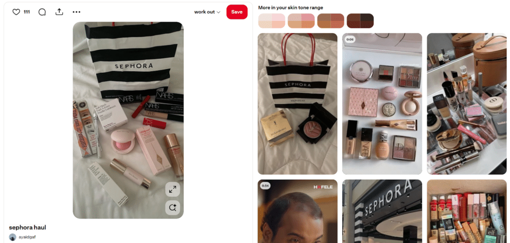 Pinterest post showing a Sephora haul featuring makeup products across brands.