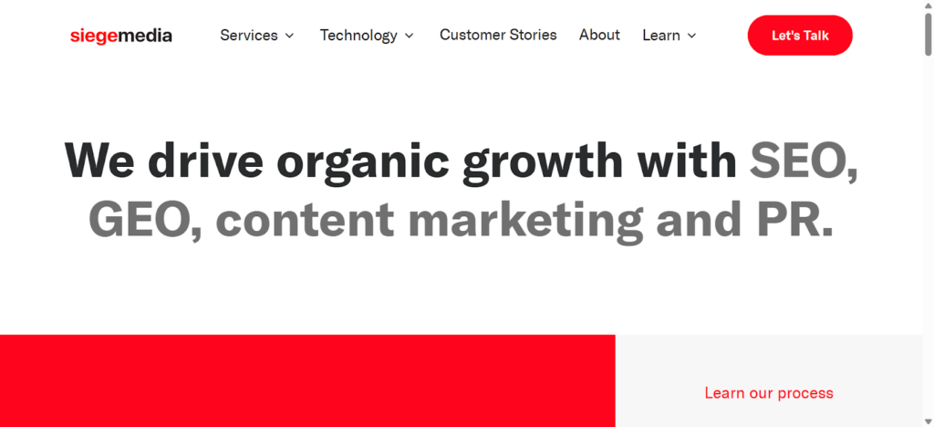 Screenshot of an SEO enterprise agency’s website called Siege Media.