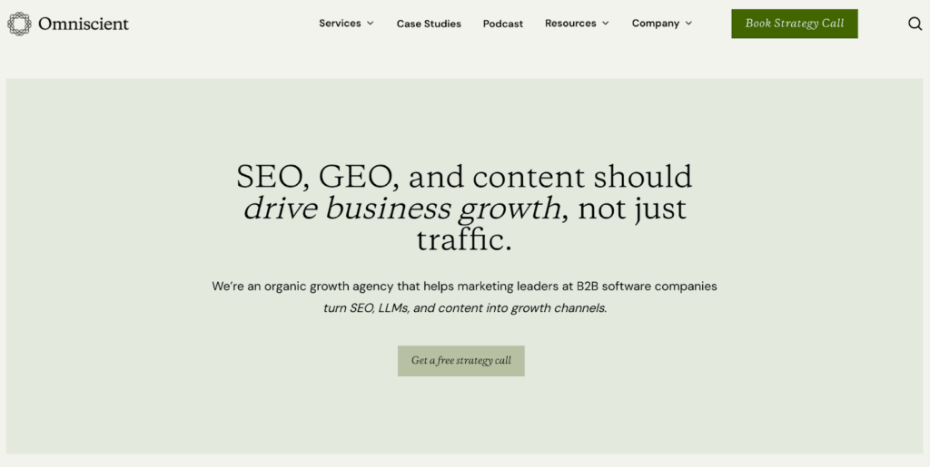 Omniscient Digital’s homepage with a free strategy call button