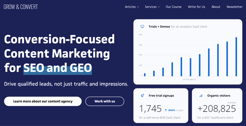 Grow & Convert Homepage with graph for trial conversions