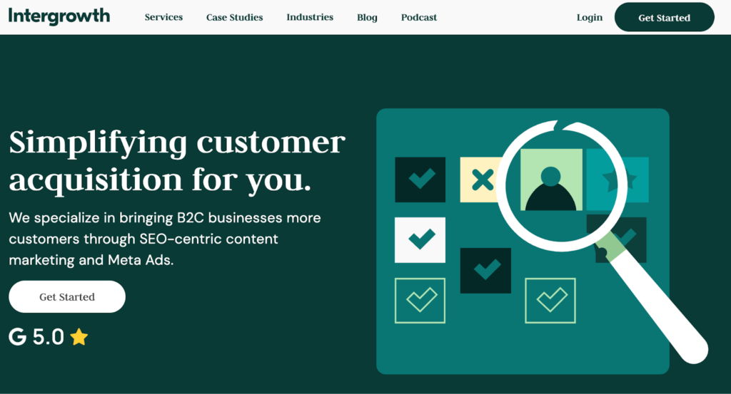 Intergrowth’s homepage with an icon of a magnifying glass