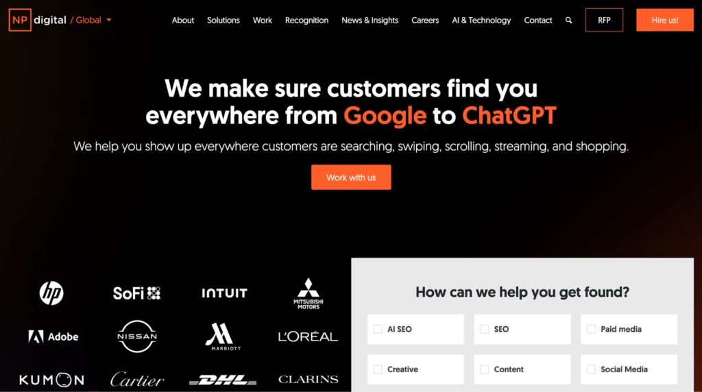 NP Digital’s homepage with tagline and customer logos