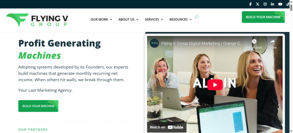 Screenshot of a content creation agency’s website called Flying V Group.