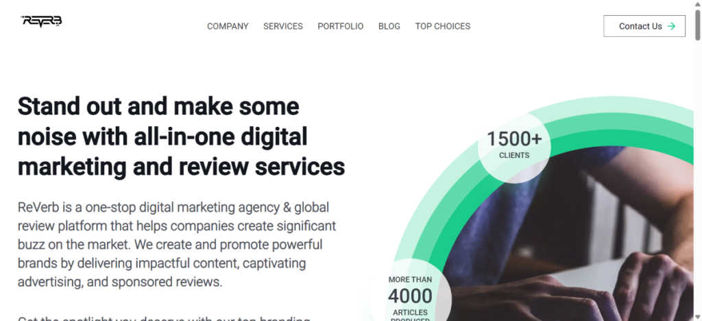 Screenshot of a content creation agency’s website called ReVerb.