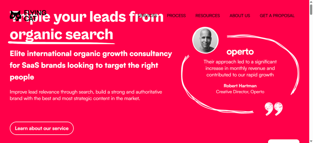 Screenshot of a content creation agency’s website called Flying Cat Marketing.