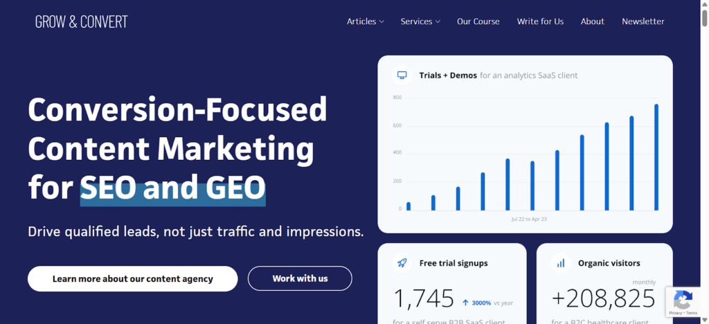 Screenshot of a content marketing agency’s website called Grow and Convert.