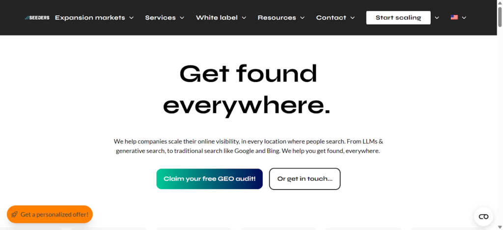 Screenshot of an international SEO agency’s website called Seeders.