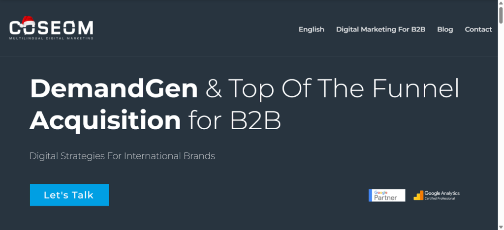 Screenshot of an international SEO agency’s website called COSEOM.