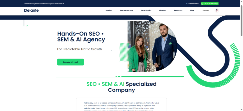 Screenshot of an international SEO agency’s website called Delante.