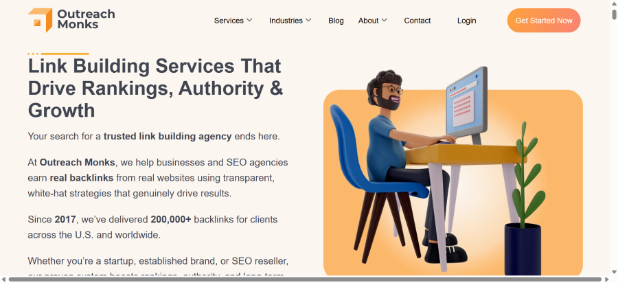 Screenshot of a digital PR services website called Outreach Monks.