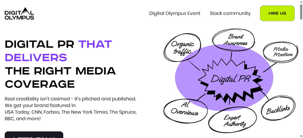 Screenshot of a digital PR services website called Digital Olympus.