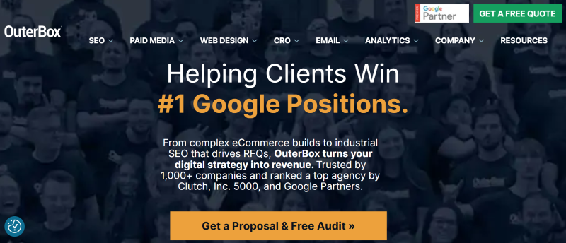 Screenshot of a technical SEO agency’s website called OuterBox.