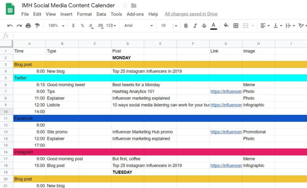 Example of a content schedule on Google Calendar.