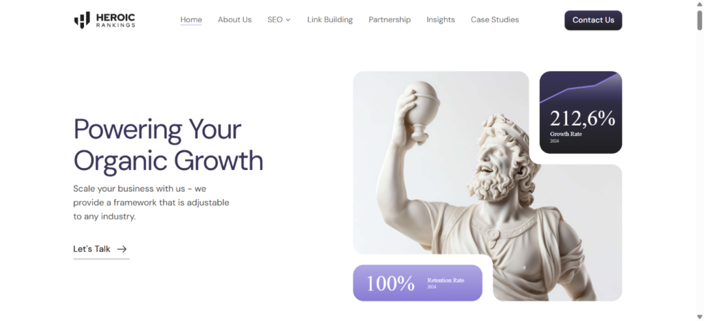 Screenshot of a technical SEO agency’s website called Heroic Rankings.