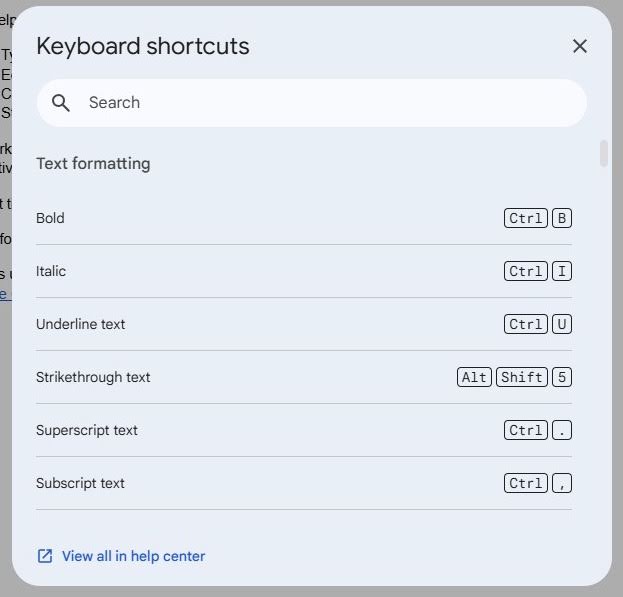 A screenshot showing the keyboard shortcuts table in Google Docs