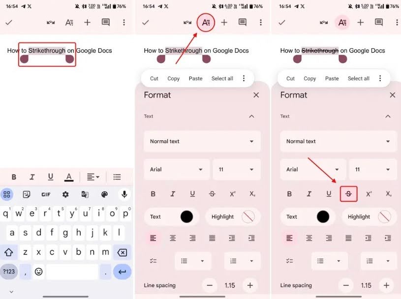 A screenshot of mobile device showcasing keyboard shortcuts in Google Docs